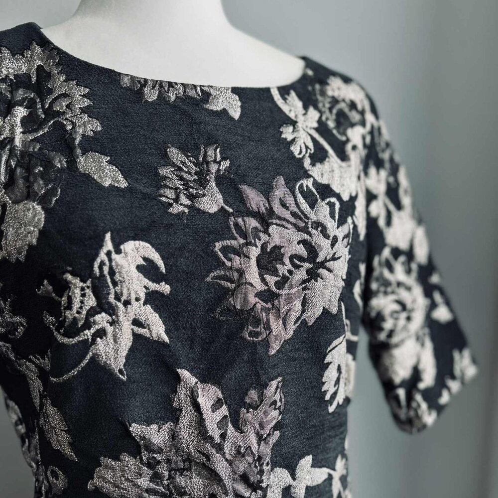 Luisa Cerano Charcoal Metallic Floral Jacquard Shift Dress with Pockets – US 12 - Picture 11 of 13